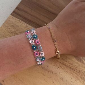 Floral Beaded Necklace / Choker - Pink, Blue, and White